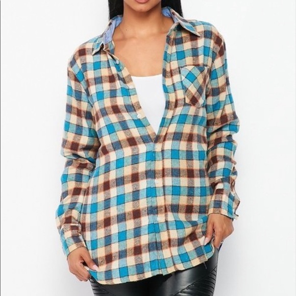 NEW FALL UNISEX TRENDY BLUE MULTI PLAID FLANNEL LONG SLEEVE BUTTON UP SHIRT - Picture 7 of 8